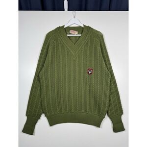 VTG 60s 70s Catalina Inc. Wool Green Cable Knit V-Neck Fisherman Sweater Men's L
